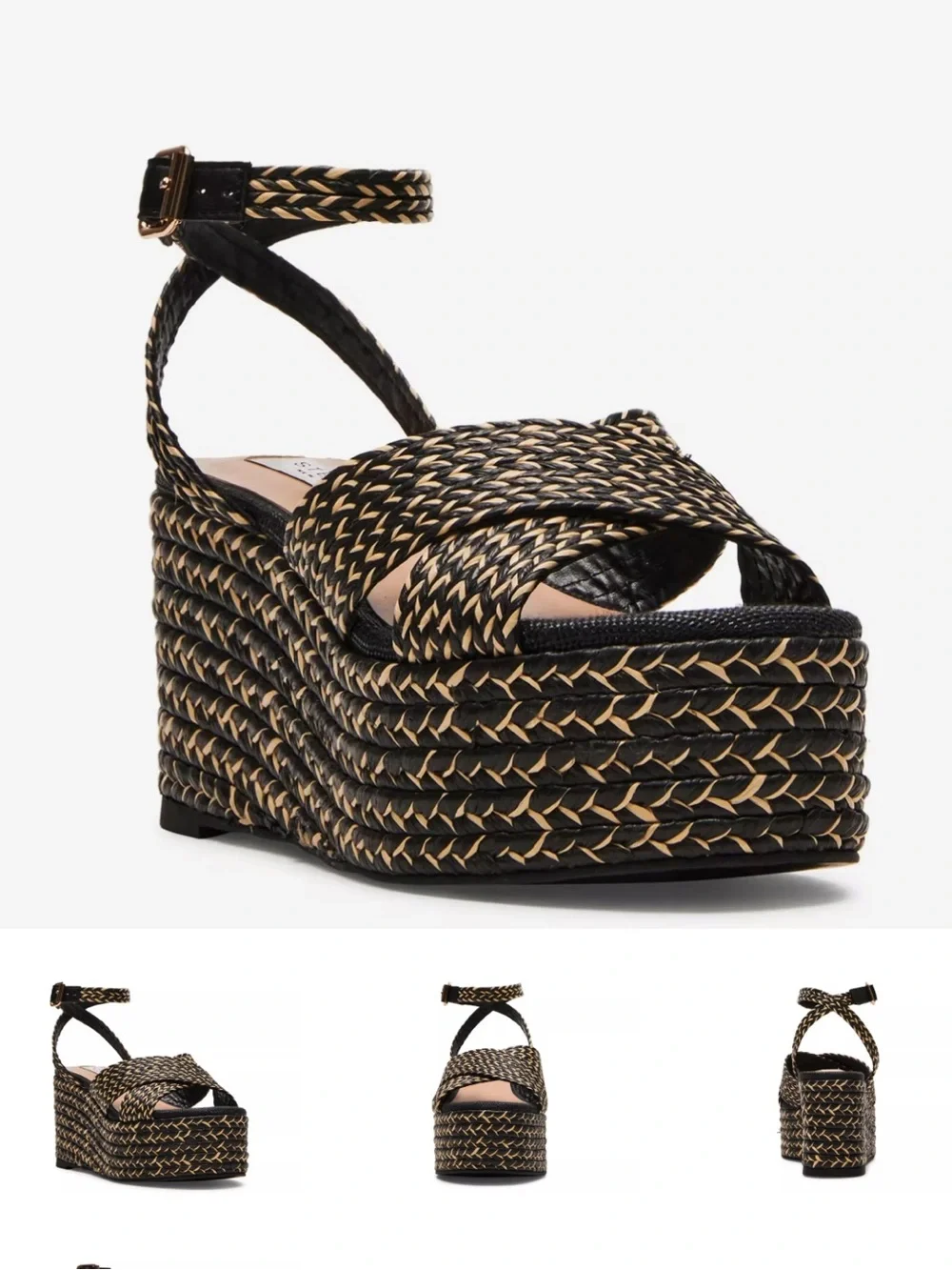 Steven women woven Black Natural tan Platform Sandals strappy resort 8.5 summer